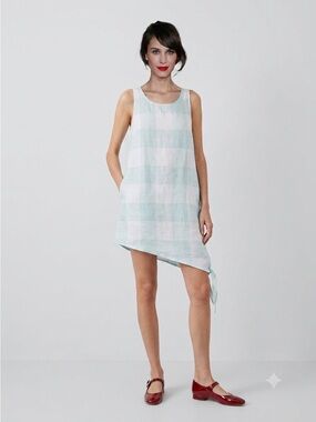 Chalet Gingham Sleeveless Linen Dress w/ Asymmetric Hem - Small